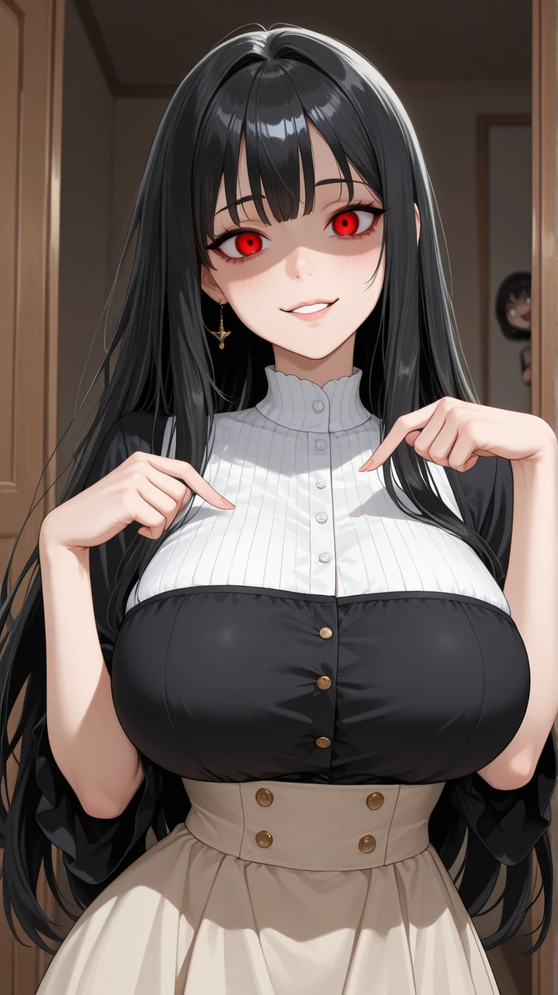 1girl, long hair, red eyes, black hair, large breasts, upper body, grin, dress