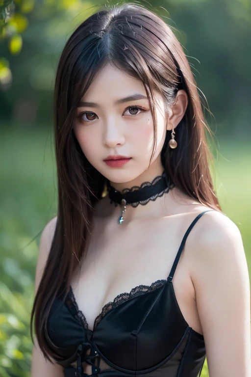 best qualtiy，tmasterpiece，A high resolution，1girl，Floral bra set，hair adornments，choker，jewelry，beautiful  face，Physically，dingdall effect，realisticlying，dark studio，edge lit，twotonelighting，（highdetailskin：1.2），8k uhd， dslr, softlighting, high high quality, volumettic light, sneak shot, photore, A high resolution, 4k, 8k, Background bokeh,