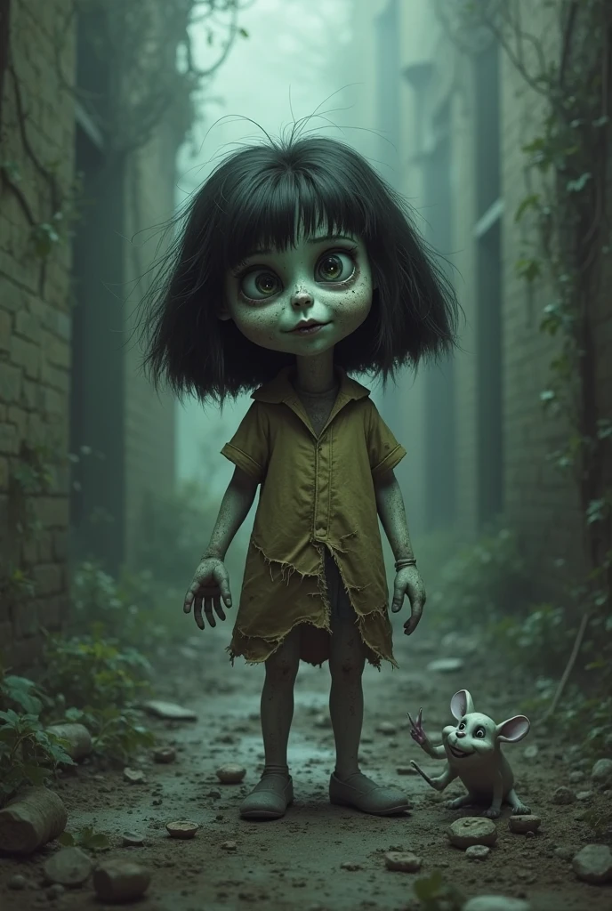 ((masterpiece, best quality)),(complex lighting),solo,1girl,full body, eveline, black dress, black hair, <lora:EvelineRE1:0.6>,child, boots, sleeves rolled up, monster, hair over one eye.
