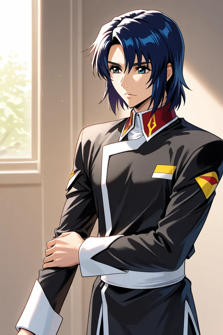 score_9, score_8_up, score_7_up,   source_anime,  kaji_nervsuit, <lora:Degen_Rouji_Kaji:1>,  smile, closed mouth,  low ponytail, holding cigarette, black clothes, cowboy shot,
