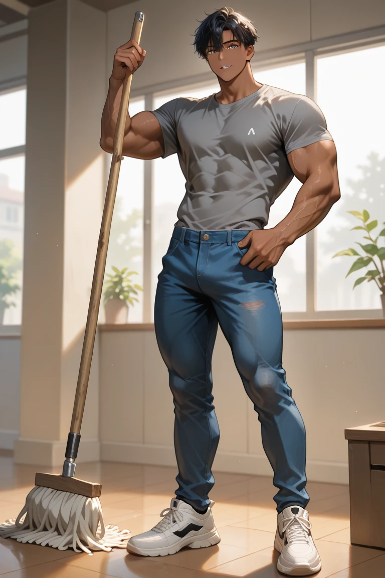 Stephen Albert, standing with hands on hips, wide full body portrait, wearing a T-shirt and Jeans, colorful combat boots, weight-lifting equipment in the background, wooden floor, even studio light, photorealistic., anatomically correct, anatomically correct, high quality, 8k --auto --s2
