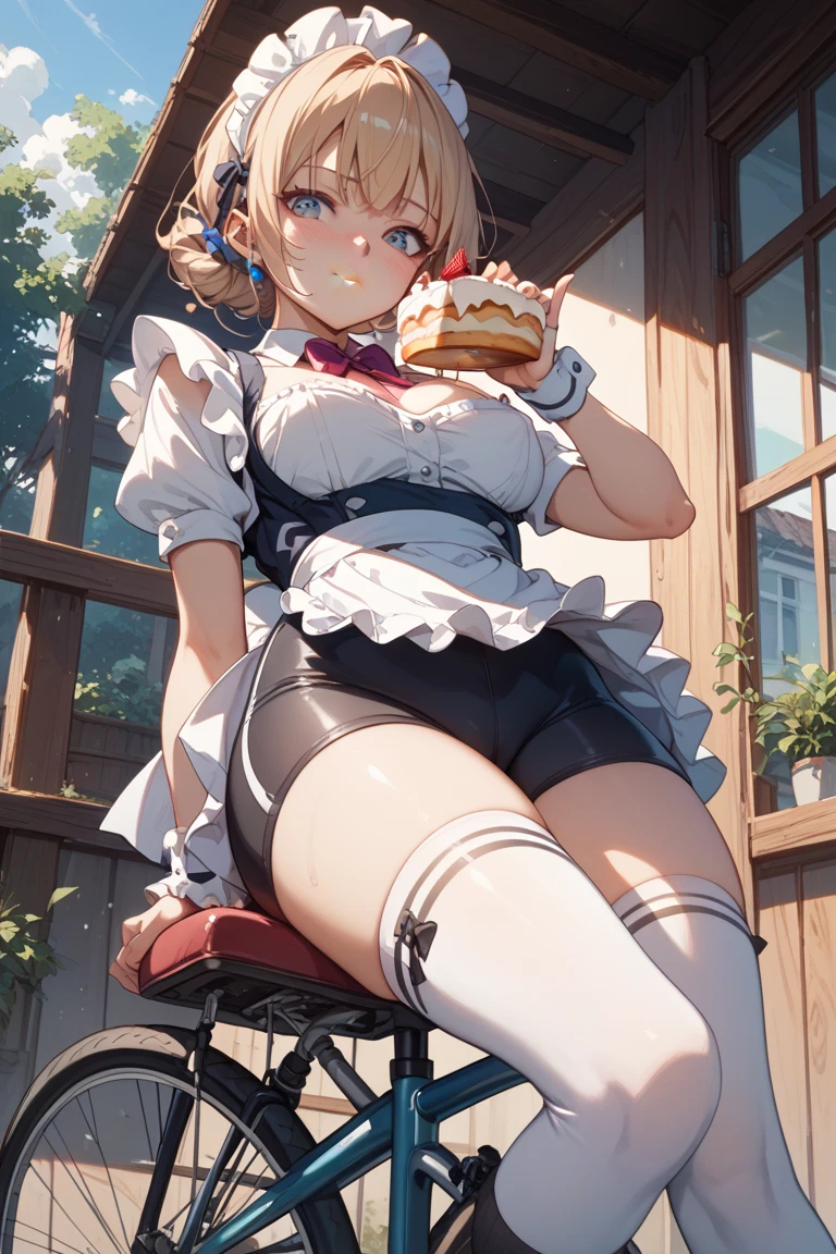 (small breasts:1.2), (perky chest:1.2), (pointed chest:1.2), (Pudding cake magazine cover:1.3),(from above:1.0),(shoot from the side:1.1),masterpiece, 1girl, Amazing Cleavage:1.1, thin waist, optimum,tmasterpiece,hight resolution,best qualtiy,hyper HD,super detailing,awardwinning,a 18yo cute girl,(The upper part of the body),anatomy correct,Beautiful Black miniskirt,garters,Gaze,Small face,bangss,holster,Beautuful Women,hands up,leg holster,Gaze,black boots,Cowboy Shot,cute face,a blond,Longhaire,Twin-tailed,Braids, Hairline,(scarlet eyes),long eyelasher,Hanging eye corners,White skin of the, ((see through camisole:1.1)), ((Sheer nipples:1.0)),Rocket Tits,(Slim body),smile,seductive weak smiling,(with sparkling eyes and a contagious smile),little open mouth, Looking at Viewer,