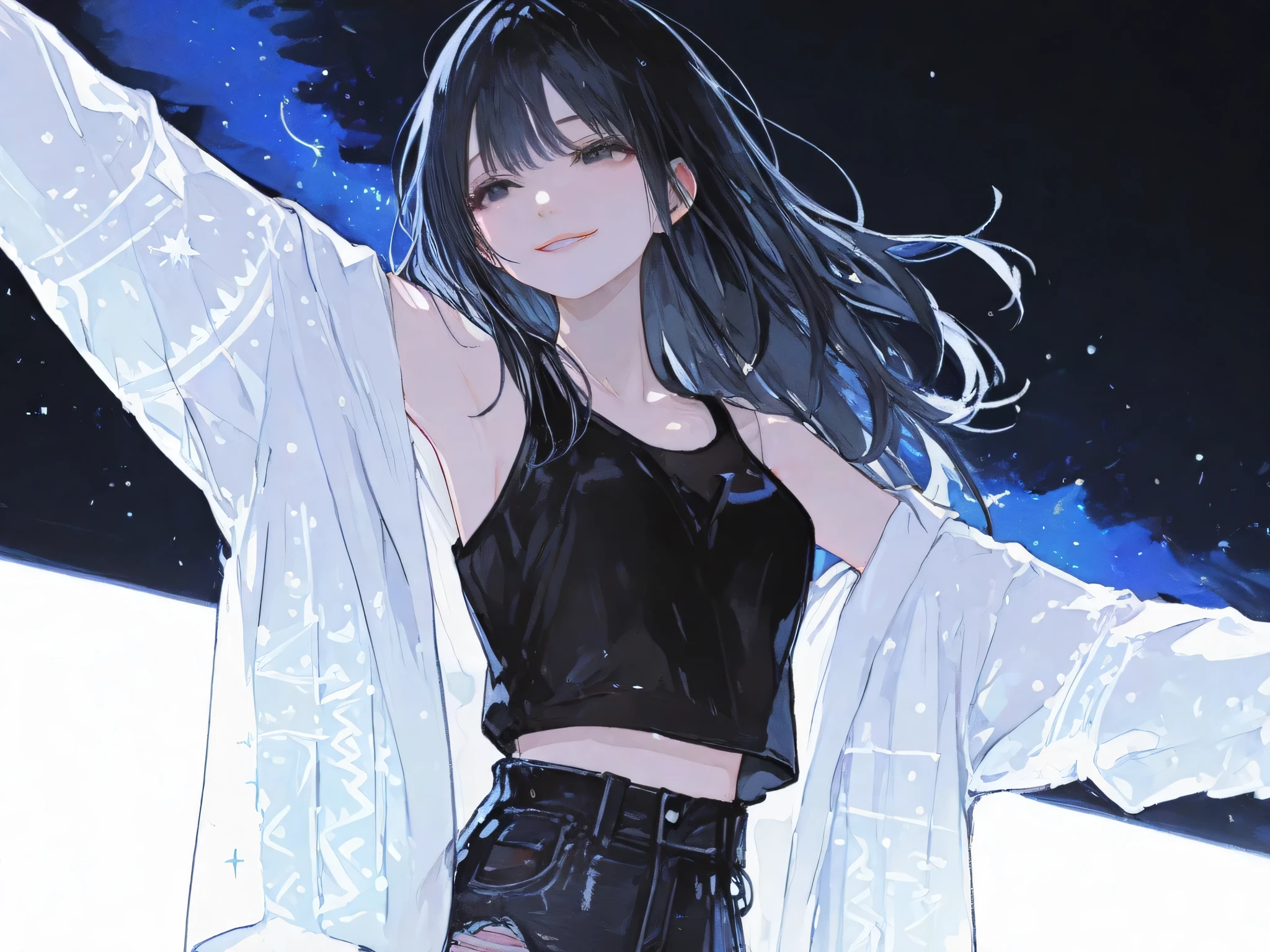 score_9, score_8_top, score_7_top, one young girl, 18 years old, alone, dancing in bellow of night sky full of stars, soft gently smile, realistic fiture, energic, long hair, black hair with light pattern, smooth hair, black eyes, beautiful eyes, black tank top, open white shirt, long black ripped jeans, [beautiful breasts], clearly background