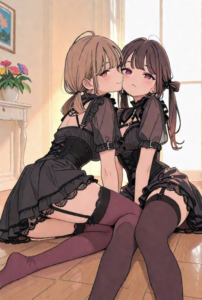 ultra-detailliert, Best Quality, High resolution, ((Two cute girls with dark hair are lying on their backs in bed。)), Pretty eyes、Looking at Viewer, pale skin, Petite,（maid clothes）、（I'm not wearing panties）、(flat chest), (Glasses), (blush:1.2), Blue eyes, An embarrassed smile, NSFW,　Focus on the face、