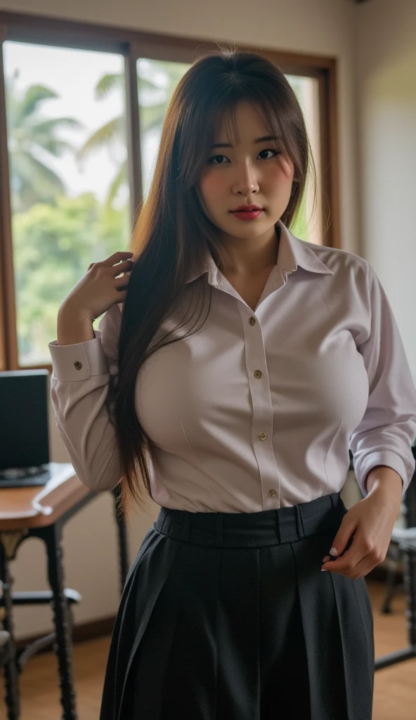 A Chinese woman in a high-end office office office, fluffy hair, delicate face, bright, real girl, large aperture, wearing white-collar professional clothes, short sleeves, tight, macro shooting, plump, slightly fat, very plump, sexy, looking at you, good-looking eyes,