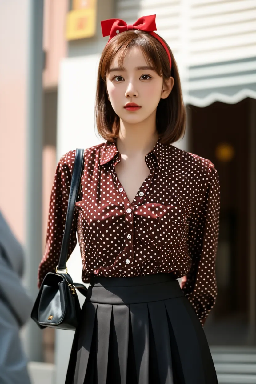  A woman in a stylish black suit with a unique tie stands confidently in front of a vibrant fruit stand, showcasing apples and oranges, Soft, even lighting highlights her features and creates a balanced composition placing her centrally, The fruit stand adds a pop of color and depth to the image, The overall aesthetic focuses on fashion and everyday life, 