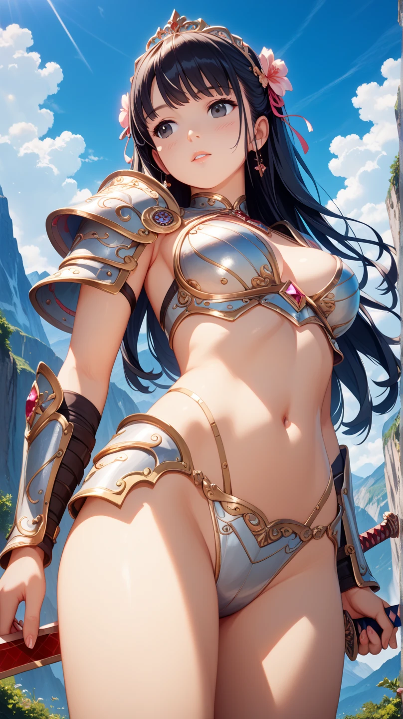 8K, (Huge breasts:1.3), Big Breasts, Flowing sweat, Young face、Woman wearing dog collar、Muscular、Six-pack、Chain attached to collar、、Staring at the photographer、Glaring at the photographer Woman warrior、Silver and steel bikini armor、(((whole body)))、Iron Sword、、Fight、Jungle Background 1:5、Steel Hip Guard、accessoruscularな女性)、(Circlet)、Swinging a Sword、Fight、Stern expression、Sun light、armored legs、Silver bikini armor、Gloss、A body stained with soil、(Armor Hip Guard)、Armor shoulder、((1Hold the sword of the book with both hands and swing it up))、(Fightの最中)、Metal armor around the waist、Metal bikini armor、Metal armor on the buttocks、Omi women、、jewelry、necklace、Medieval Europe、Black Hair、Sun light、(masterpiece), (Highest quality), (The finest details), (遠景のOverall view)、RAW Photos、(whole body)、Overall view、Detailed face、Beautiful Face、foot armor、(masterpiece), (Highest quality), (The finest details)
