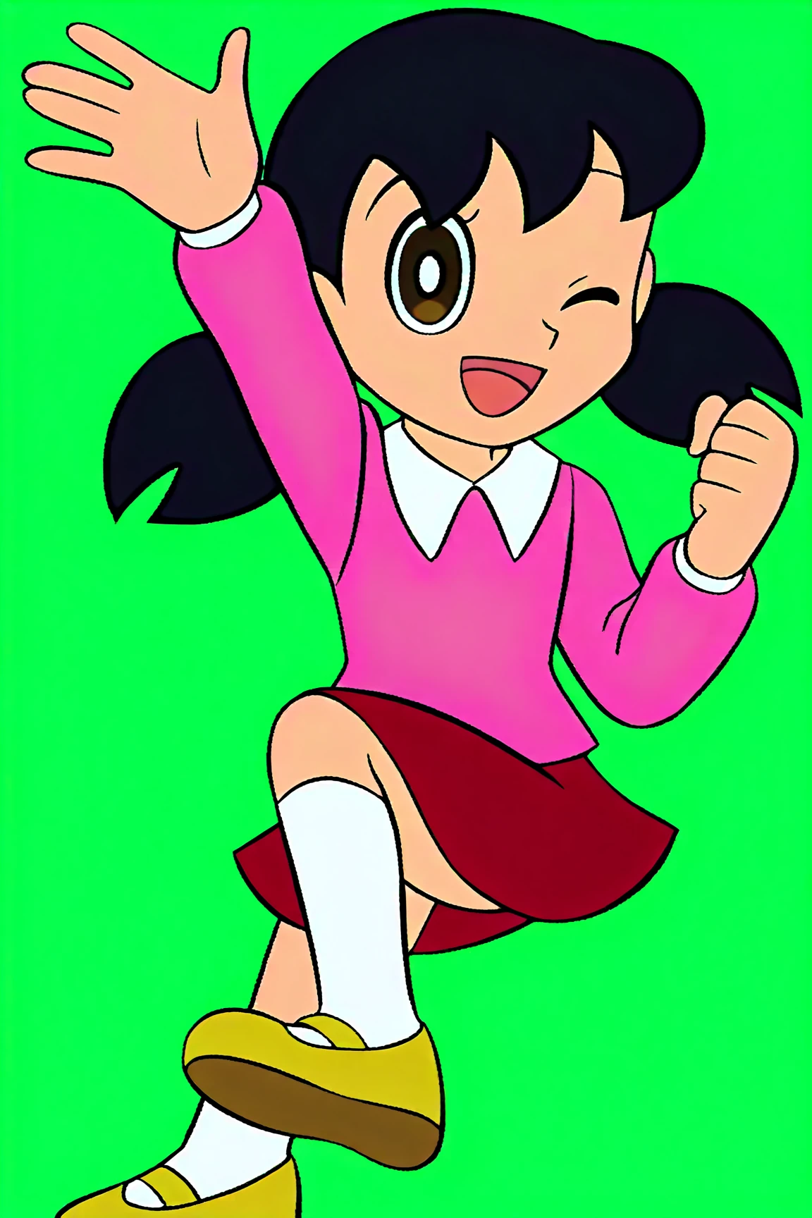 fujiko-chara, anime style, shizuka, 1girl, solo, black hair, twintails, bow, brown eyes, smile, open mouth, ;d, pink Long sleeve, red miniskirt, white socks, yellow shoes,