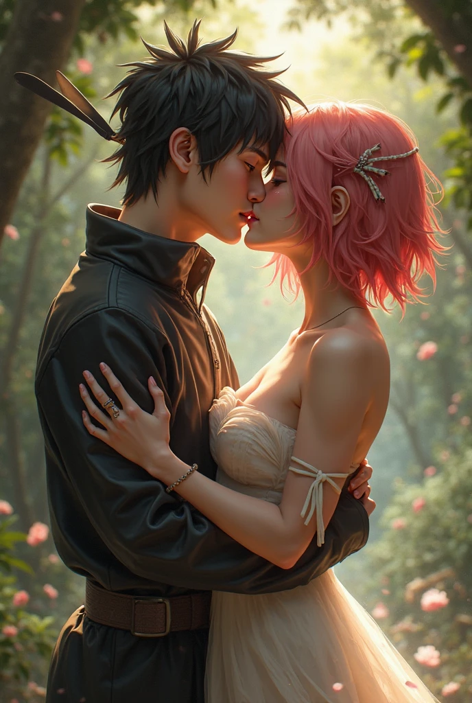 ((2 people)) 1girl, 1 boy, Girl with white hair and ((Black hair blue eyes)) Fox ears, ((Boy Long pink hair blue eyes)) Fox ears, Naked, Fucking, Cowgirl, Full view, Two characters.