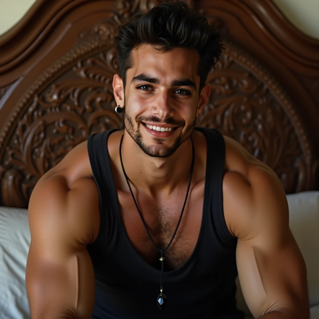 a handsome man, in the dorm, lying on his bed with one hand behind his head, looking at the camera, apearance 20 years old, short black hair (modern young men's hair: 1.2),cute face, short facial hair, perfect eyes, (black tank top: 1.2), muscular chest, (hairy armpits: 1.2), showing full body, dark denim shorts, ambient lighting, masterpiece, high details hd, ultra-realistic
