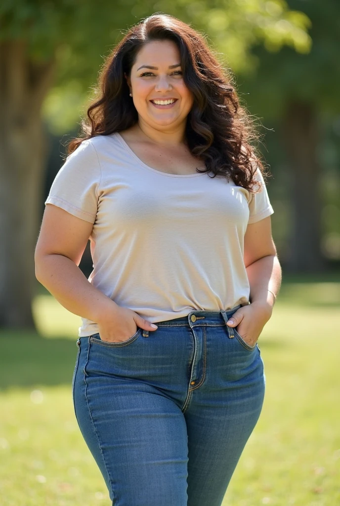 a photo of a 22 year old short (busty:1.5) woman wearing plain comfortable t shirt and jeans clothes lakeside.