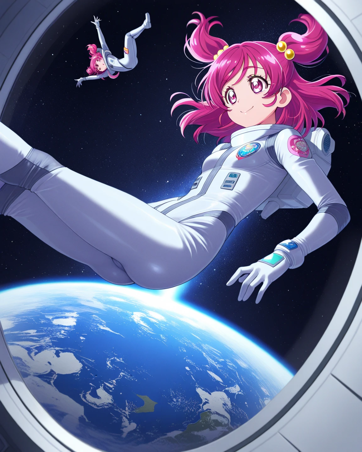(superflat, flat shading, flat color), masterpiece, best quality, spaceship interiors, 2girls, 10yo loli, petite, spacesuit two piece, space helmet, white panties, bely, flying in zero gravity, in spaceship room, sci-fi, vibrant colors, watercolor, ghibli style