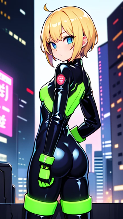 1girl, green hair, very short hair, pixie cut, yellow eyes, serious, glowing eyes, large breasts, breasts, thick thighs, toned, toned female, bodysuit, pilot suit, futurustic, science-fiction, neon, neon trim, neon light, black bodysuit, space, from behind, ass, ass focus