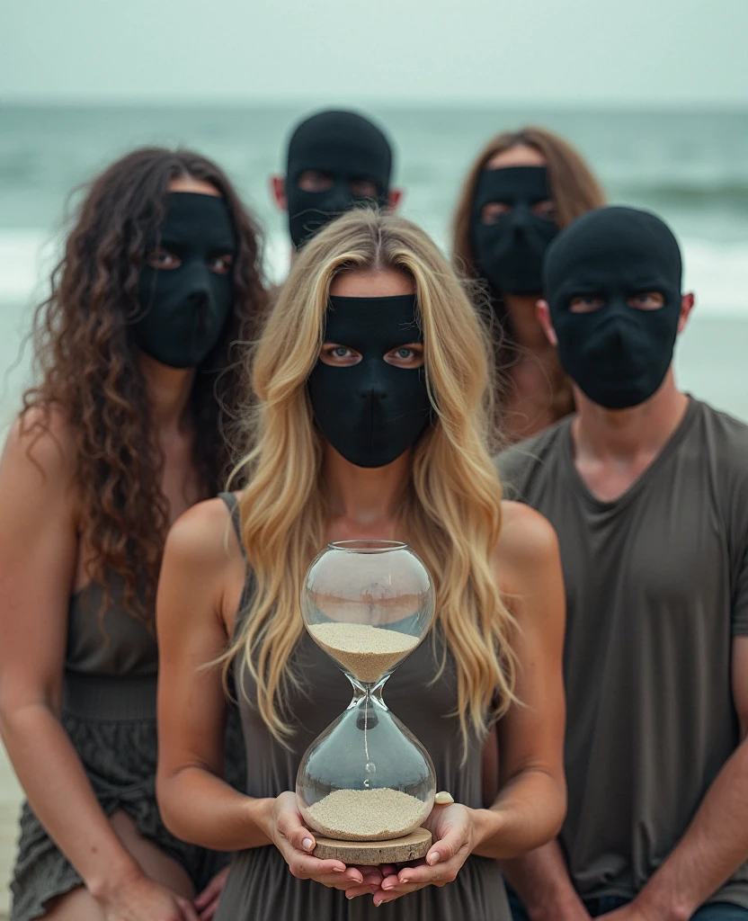 Make a man and a woman but the man shirtless and the woman in a bikini, but their heads are a black bag