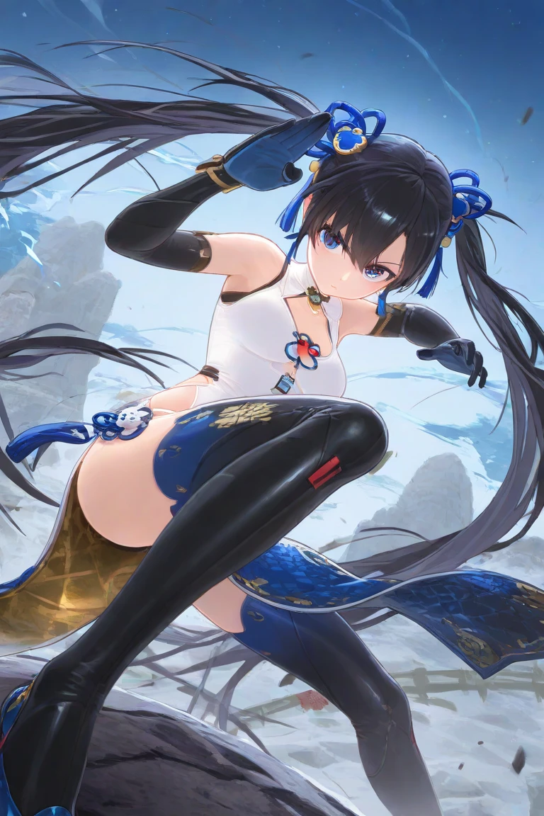 anime girl with long 2 pigtails hair, anime art, anime girl with black hair, shadowverse style, Using a white mixed blue Chinese dress, Kicking style, in the bamboo tree
