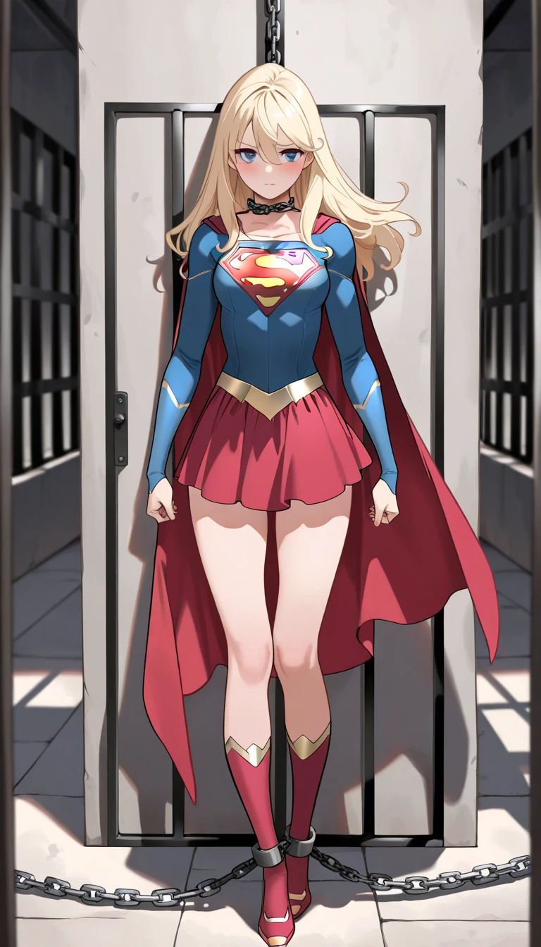 masterpiece, best quality, highres, absurdres, ultra detailed,
1girl, supergirl, blonde, [blue eyes], red cape, blue shirt, belt, red knee boot,
trembling, circle gag mouth, bdsm, bound, bondage, blush, rope, arms_behind_back, tongue_out, sex_toy, rope, ((shibari_over_clothes)), shibari, over clothes, leaning on wall,  prison cell, dimly lite, 
looking at viewer, full body, cowboy shot,
dark basement,  <lora:supergirl:0.9>, <lora:WeossMouthGag_v2.8:0.8>