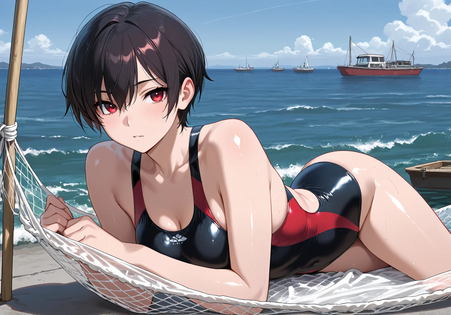 1girl, lying down, open arms, brown shell helmet, red eyes, small breasts, black swimsuit, short black hair, black hair, beach, masterpiece quality, ultra HD, 4K, best quality,