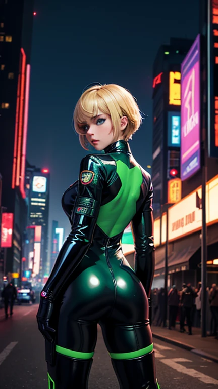 1girl, alone, Tatsumaki One Punch Man floating over a city, Anime girl, short hair, green hair, green eyes, Tatsumaki black outfit, Tatsumaki (One Punch Man) Clothing style, Black clothing, Black dress, long sleeve, pelvic curtain, Detailed clothes, masterpiece, symmetrical, serious face, very small breasts, small breasts, medium thigh medium waist, wide hips, 1 girl, bright green eyes, City Background, Sky Background, View from above, Bokeh, 4K Masterpiece, HDR , Anime art style, One Punch Man art style, sharp colors, vivid colors, green particles, iom