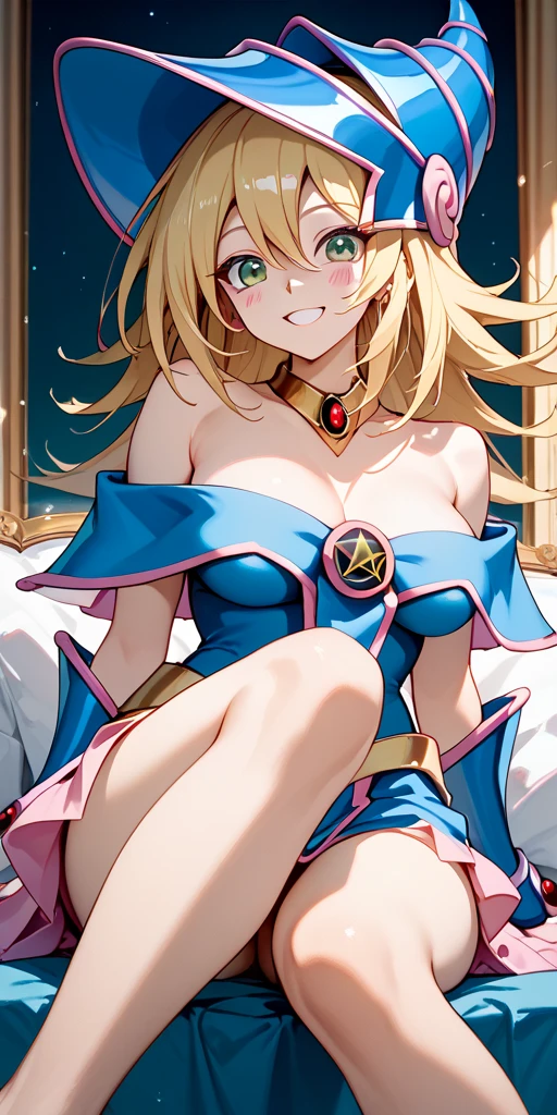 ((Highest quality)),((Very detailed)),(One girl),Highest quality、Representative works, Best Quality,Highest quality、dark magician girl、Blonde Hair、1 girl,topless、NSFW、naked,No clothes、naked足、Full nudity、Sole、bedroom、Sitting、