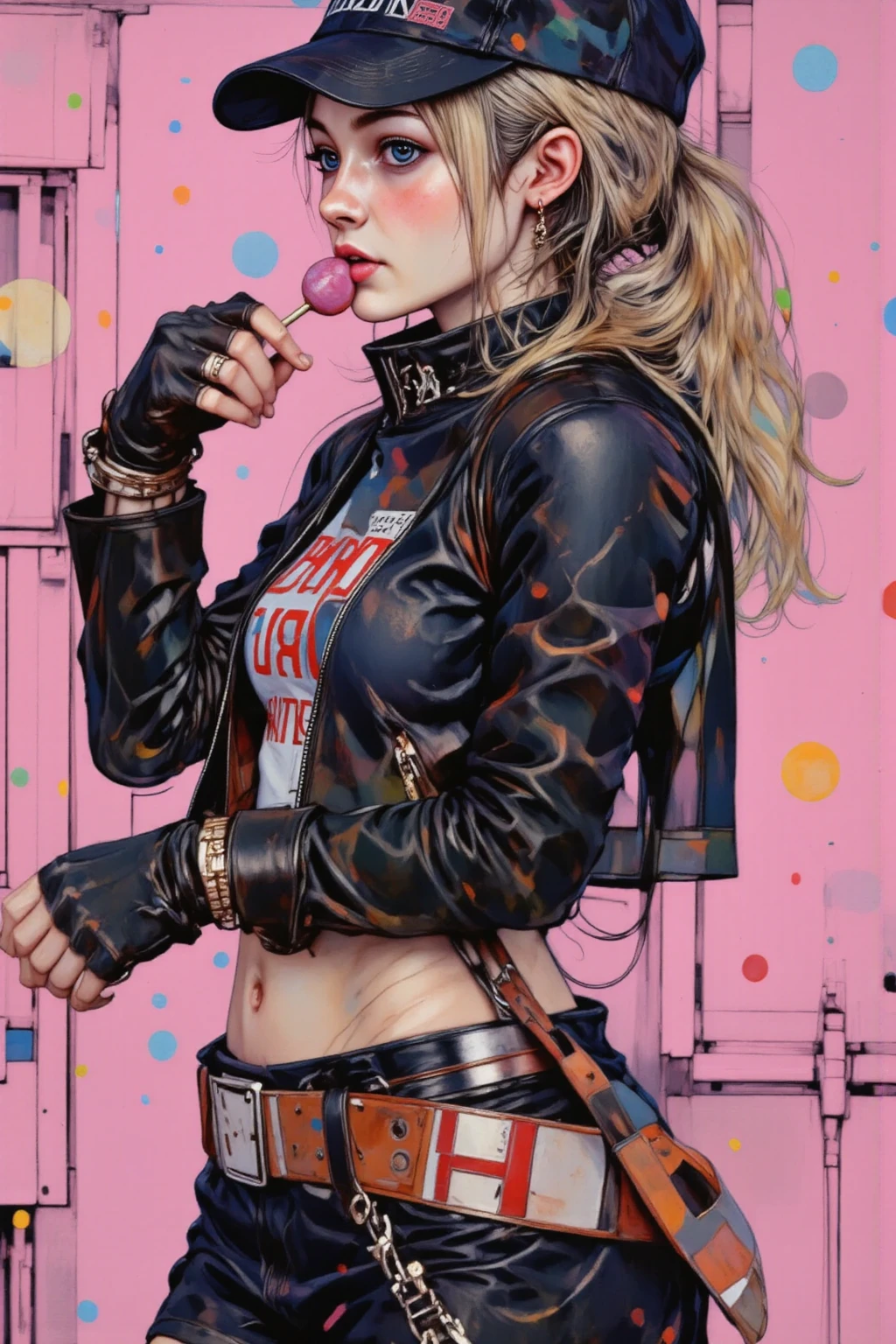 a colorful Palette Knife Oil Painting ,(best quality,photorealistic:1.37),sexy,Harley Quinn (Dr. Harleen Quinzel),DC Comics,charismatic pose,dark background,red and black color scheme,sitting on the ground with legs spread,lingerie costume,high-definition details,crazy deep blue eyes,playful smile,smoky eye makeup,long flowing blonde and red hair,strappy heels,confident expression,dangerous vibe,flawless skin,body painted tattoos,colorful diamonds pattern on outfit,provocative look,wicked grin,Cacophony graphic novel inspired,street graffiti backdrop,neon lights and reflections,edgy and seductive,stylized digital artworkillustration, arte de Carne Griffiths e Wadim Kashin, fundo futurista. ,holy light,gold foil,gold leaf art,glitter drawing, 