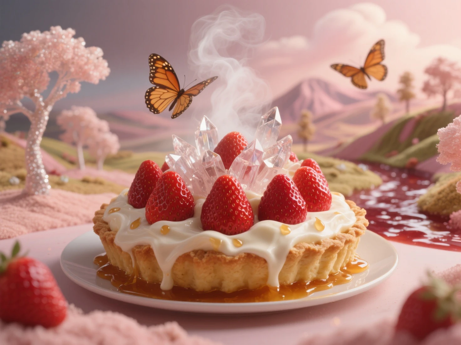 Surrealism, photorealistic macro. Strawberry pie. As they melt, the dessert transforms: strawberries turn into crystals, cream — into clouds, crust — into golden sand. Steam slowly rises from the center of the pie, with trees from sugar and fluttering caramel butterflies {x} turning into a fantastic landscape — a miniature valley with a river of jam, On the table, under soft light, strawberry pie. Background — abstract, like a dream, with shades of pink, creamy, amber . Atmosphere — magic, unexpected transformation, sweet fairy tale. High detail: cream texture, drops of syrup, fruit glowing.