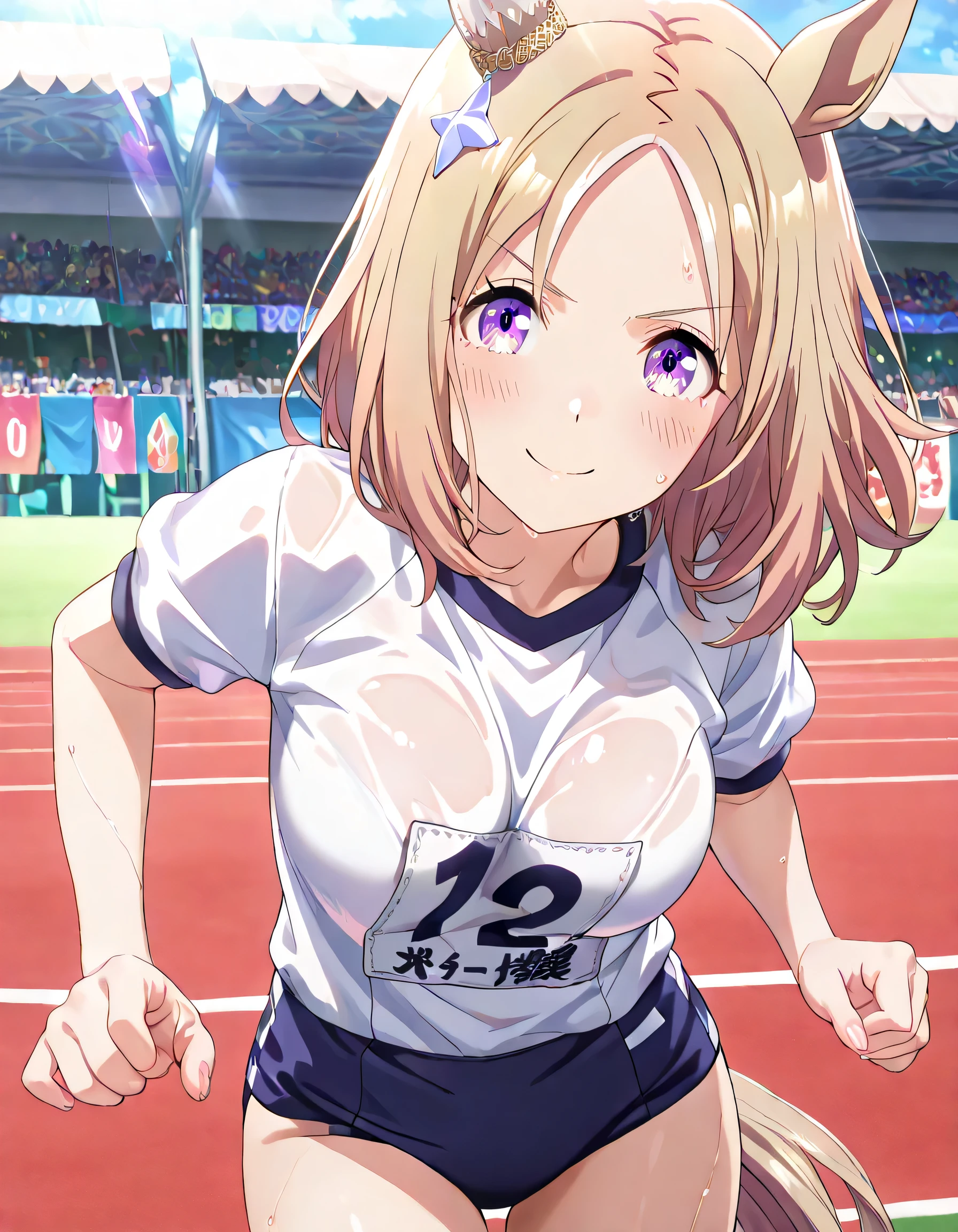((ultra-detailed)), (highly detailed CG illustration), (best quality:1.2), ultra-highly detailed, colorful composition, artistic photoshoot, 1girl, solo focus, thigh to top:1.2, cowboy shot:1.2, moe anime character, girl, dainty facial structure, round face, rounded chin:1.2, short height, UMANT,horse ears,horse tail,hair ornament,blonde hair,parted bangs,medium hair,purple eyes, ample breasts, white short sleeve gym uniform with Navy blue rim:1.3, navy blue school gym buruma, sweat:1.2, wet clothes:1.2, smile:1.3, blush:1.3, reached arm, Standing at the racetrackl:1.3, from front:1.2, dynamic pose, contrapposto pose:1.3, best quality, expecting, pink cheek, blush, light pink gloss slip, portrait, depth of field, sparkling sunlight, lighting, backlighting, shine, lighting, caustics, ray tracing, perfect face, lustrous skin, highly detailed face, highly detailed eyes, perfect face, perfect nose, perfect hair, perfect eyes, perfect anatomy, beautiful hair, beautiful small face, extremely detailed face, beautiful detailed eyes, beautiful clavicle, beautiful body, beautiful ample breasts, leavage, breasts squeezed together, equalize the size of the left and right breasts, beautiful thin thighs, beautiful legs, beautiful fingers, (4 fingers), 1 thumb, lovely, (very detailed background:1.0), (highly detailed background:1.0), summer aesthetic, intricate details, festival atmosphere, summer colors palette, chromatic aberration