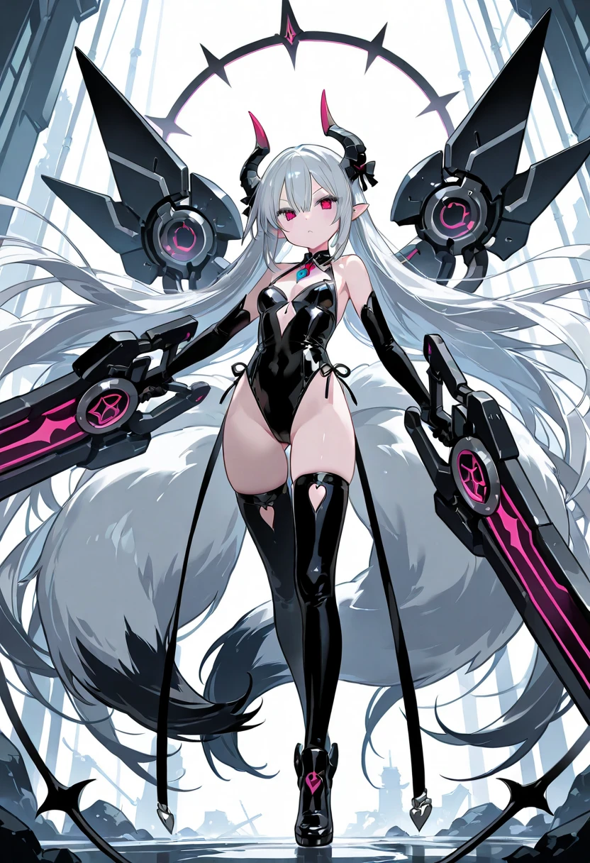 A captivating illustration of a beautiful girl with cat ears and a cat tail, her mesmerizing white hair cascading gracefully. She dons a stylish body suit, revealing a midriff, medium-sized breasts, and a delicate collarbone with a hint of cleavage. The futuristic clothes add a touch of elegance to her appearance. The artwork is accentuated with flowing neon text, enhancing the allure of the scene and giving it a dynamic and futuristic feel. This illustration perfectly captures the enchanting charm of the girl and the allure of futuristic aesthetics, creating a visually stunning portrayal,
