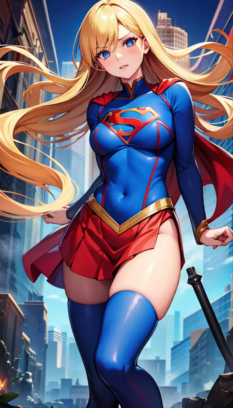 score_9, score_8_up, score_7_up, source_anime, standing, hand on own hip,((((wince)))), ((((1girl,short stature)))), (slender body:1.4), (long hair),blonde hair, blue eyes, ((((midium breasts)))), pale skin,shiny skin, ((She wears solid shirt, blue long sleeve shirt, red skirt, red gloves, red hairband, superhero, cape, red boots)),