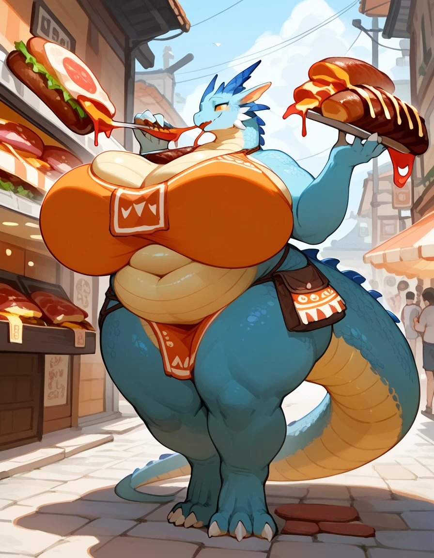  two anthropomorphic dragon, likely a red dragon and a blue dragon, in a setting that resembles a school bedroom. The focal point is a massively obese blue dragon. He is so large that he is being bounded with a strong chain and his hand are attached to a metal harness, his bounded to his bed so he can't move. His immense size and the strain on the chains suggest he has eaten an enormous amount of food. He only wears black underwear.
A red dragon character, wearing only a black underwear, stands beside the obese fox. He has enormous pecs and muscles like he look like a big bodybuilder. He has a mischievous grin on his face and is playfully poking and licking the blue dragon's enormous belly. His expression and actions suggest he finds amusement in the situation.
