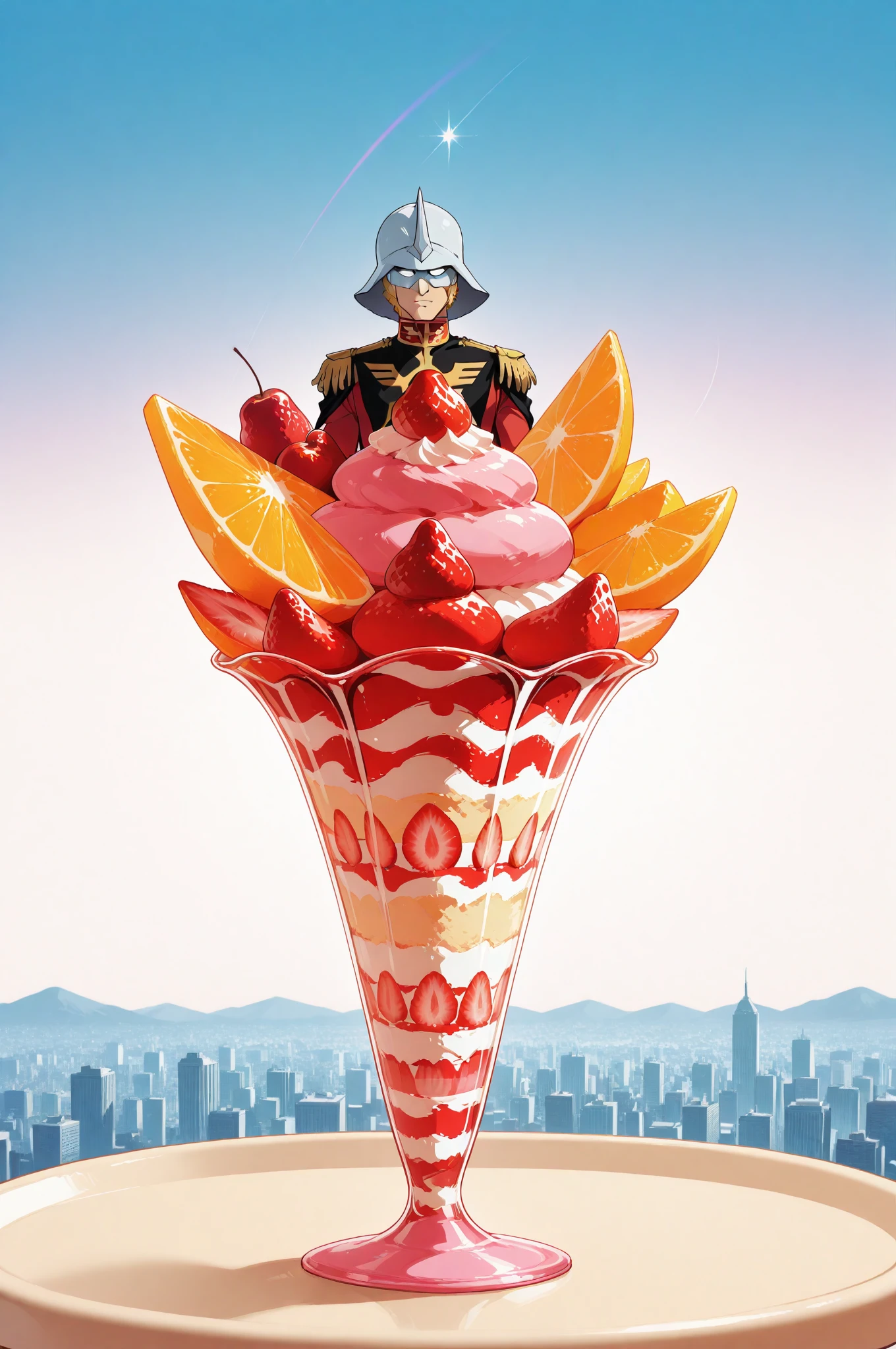 doro, , A fruit parfait with sweets in the shape of the upper body of the character Char Aznable from Mobile Suit Gundam on the pinnacle, white helmet, white eye mask under mask, Military uniform, white corner emblem symmetrically on the forehead, depicts only the upper body, masterpiece, top quality, very detailed, Great Quality, Newest, very detailed, Extremely Aesthetic, very high resolution, dessert fruit parfait, cute little style, fruit A delicious fruit parfait filled with colorful fruits in a parfait bowl, Rainbow-colored Char　Aznable image space background with light flowing, helmet that shines like sugar , Mr.々dessert, helmet riding on a macaron-shaped table floating in the sky, surrounded by strange sweets and vivid colors and turns into a fun assortment of sweets, a sight full of wonder and joy, cute fruit parfait topped with Char Aznable's upper body sweets , city background designed by Pixar Animation, 
