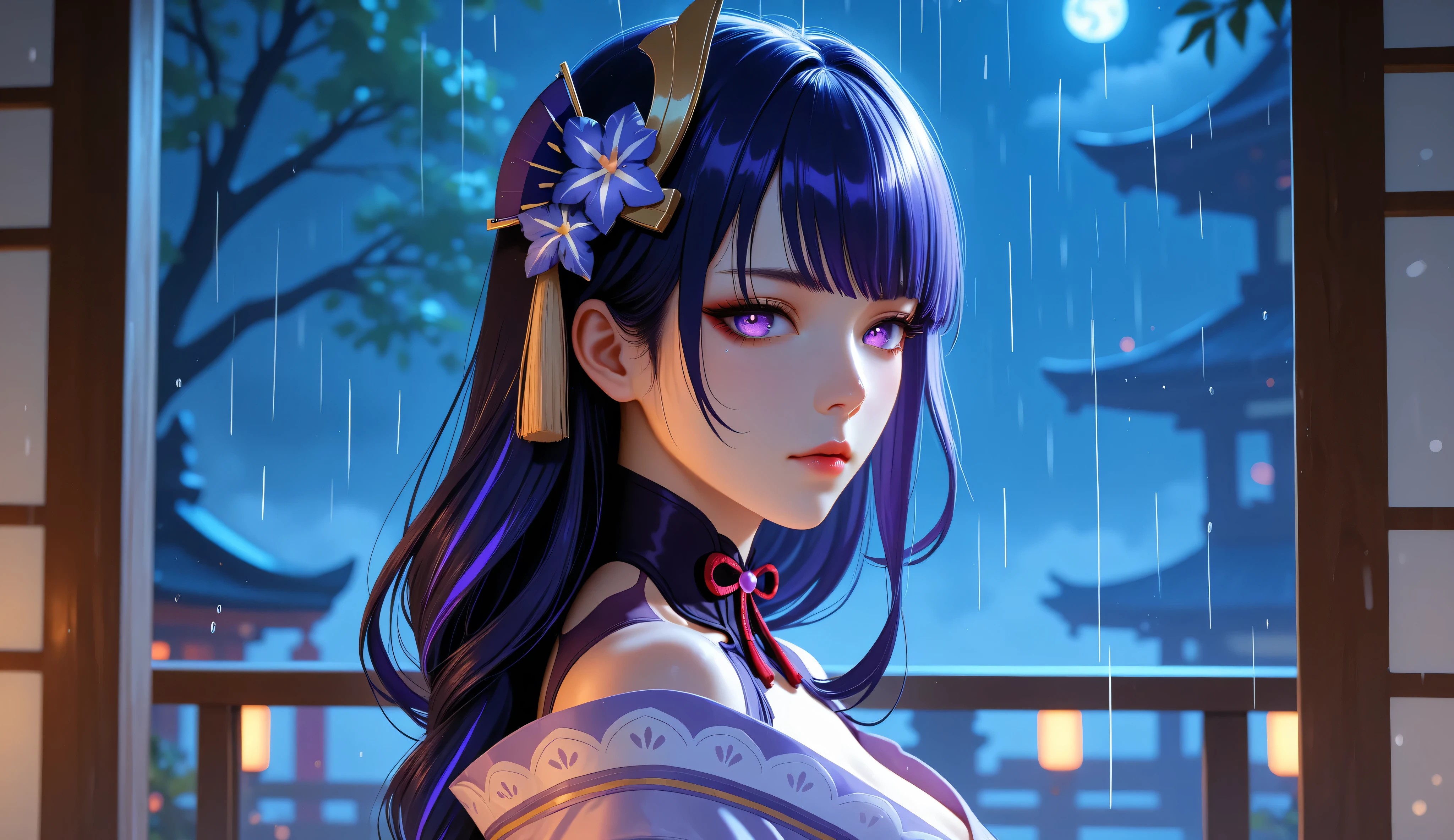 1girl, raiden shogun,purple hair,very long hair,japanese clothes,purple kimono,looking at viewer,large breasts,kyrie-style,outdoors,day,upper body,floating hair,lightning,hair ornament