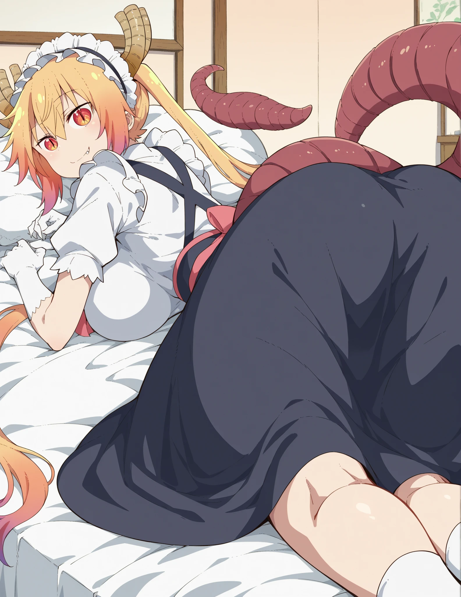 masterpiece, detailed, (power:1.2), blonde hair, horns, hair between eyes, closed eyes, open mouth, sharp teeth, (laying on a bed, no clothes on, sleep), warm sunlight from windows