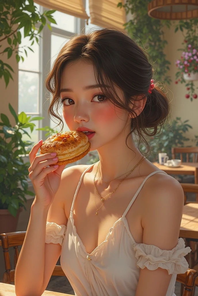 The image shows a beautiful woman eating cherries in a sensual way. She has her head tilted back while biting into the cherry. Paint of different colours is dripping all over her body.