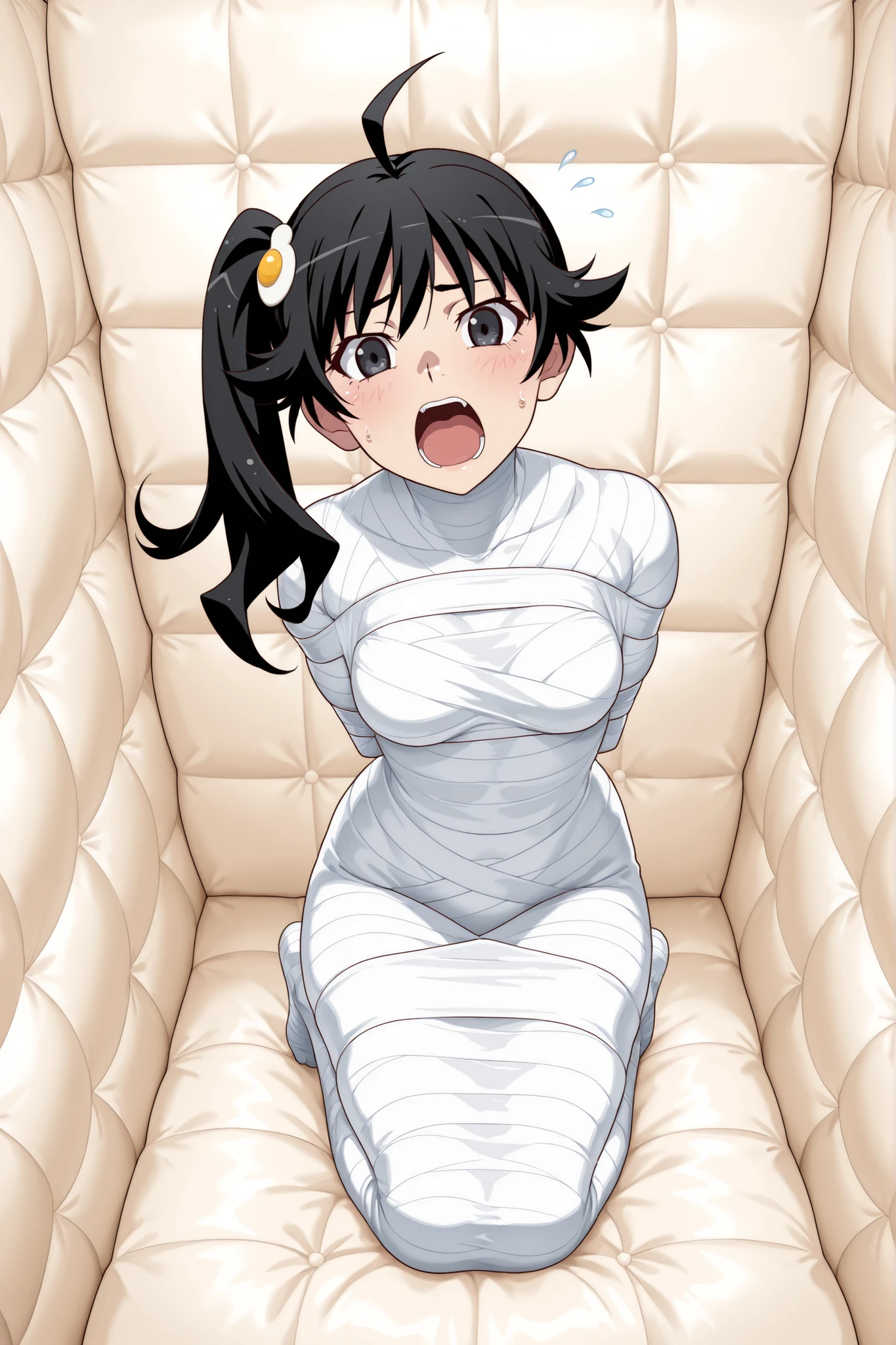 ,Monogatari Series,araragi karen,black hair,ahoge,black eyes,side ponytail,egg hair ornament,
,White bandage,All White tape,Mummification Bondage of White,White mummy,White mummification,White mummified,feet together,bondage,wrappedupgirl,Arms behind the body,Arm Mummification,
,Arms are pressed against the back,There is no space between the body and the arms,Hands behind the body,
,Mummification of both heels together,
,(masterpiece, best quality),anime style,beautiful girl,high resolution,vivid colors, extremely detailed,Ultra detail: 1.3,Vibrant colors,anime screenshot,
,Background an unadorned white Padded room,Background Small a featureless white room,
,1girl,solo,
,Whole full body,full body in frame,,face visible,,close-up,face focus,
,looking at viewer, direct eye contact,turned head,
,wide open eyes, panic expression, screaming, sweat drops, cartoonish face, dynamic pose,