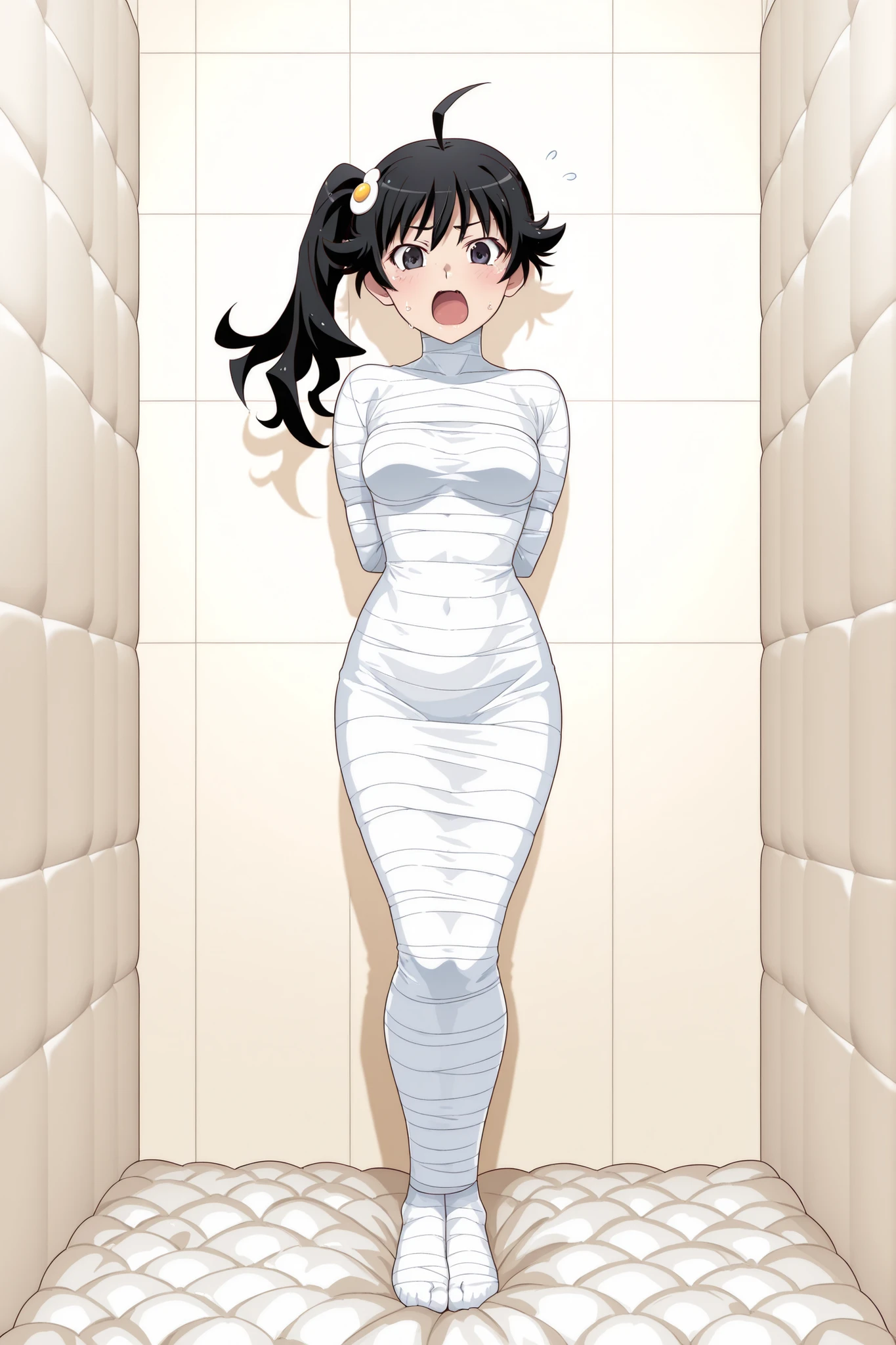 ,Monogatari Series,araragi karen,black hair,ahoge,black eyes,side ponytail,egg hair ornament,
,White bandage,All White tape,Mummification Bondage of White,White mummy,White mummification,White mummified,feet together,bondage,wrappedupgirl,Arms behind the body,Arm Mummification,
,Arms are pressed against the back,There is no space between the body and the arms,Hands behind the body,
,Mummification of both heels together,
,(masterpiece, best quality),anime style,beautiful girl,high resolution,vivid colors, extremely detailed,Ultra detail: 1.3,Vibrant colors,anime screenshot,
,Background an unadorned white Padded room,Background Small a featureless white room,
,1girl,solo,
,Whole full body,full body in frame,,face visible,,close-up,face focus,
,looking at viewer, direct eye contact,turned head,
,wide open eyes, panic expression, screaming, sweat drops, cartoonish face, dynamic pose,