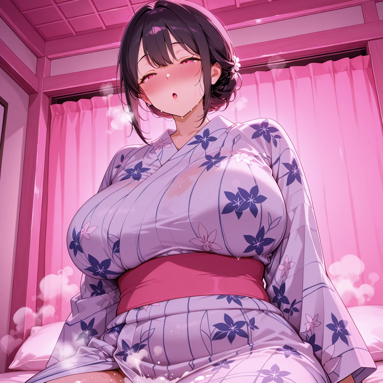 there is 1woman that lying on bed,solo,((back down)),(((A MILF: 1.4))), (Curvy:1.35),(((Dark skin))),Curvy physique,, Thick body，((Completely naked)), ((pinching breast in yukata)),((naked yukata)),bare back,model in Japan，((Sexual suggestiveness)),from above