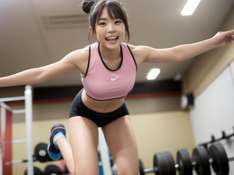 Highest Resolution, 4K, masterpiece: 1.3), Japanese Female college student sexy, Beautiful Eyes, Slim figure, Realistic teeth, double eyelid, whole body, Highest quality, detailed, At the gym, training, Sweat, Wet blush, Silly laughter/Proud laugh,