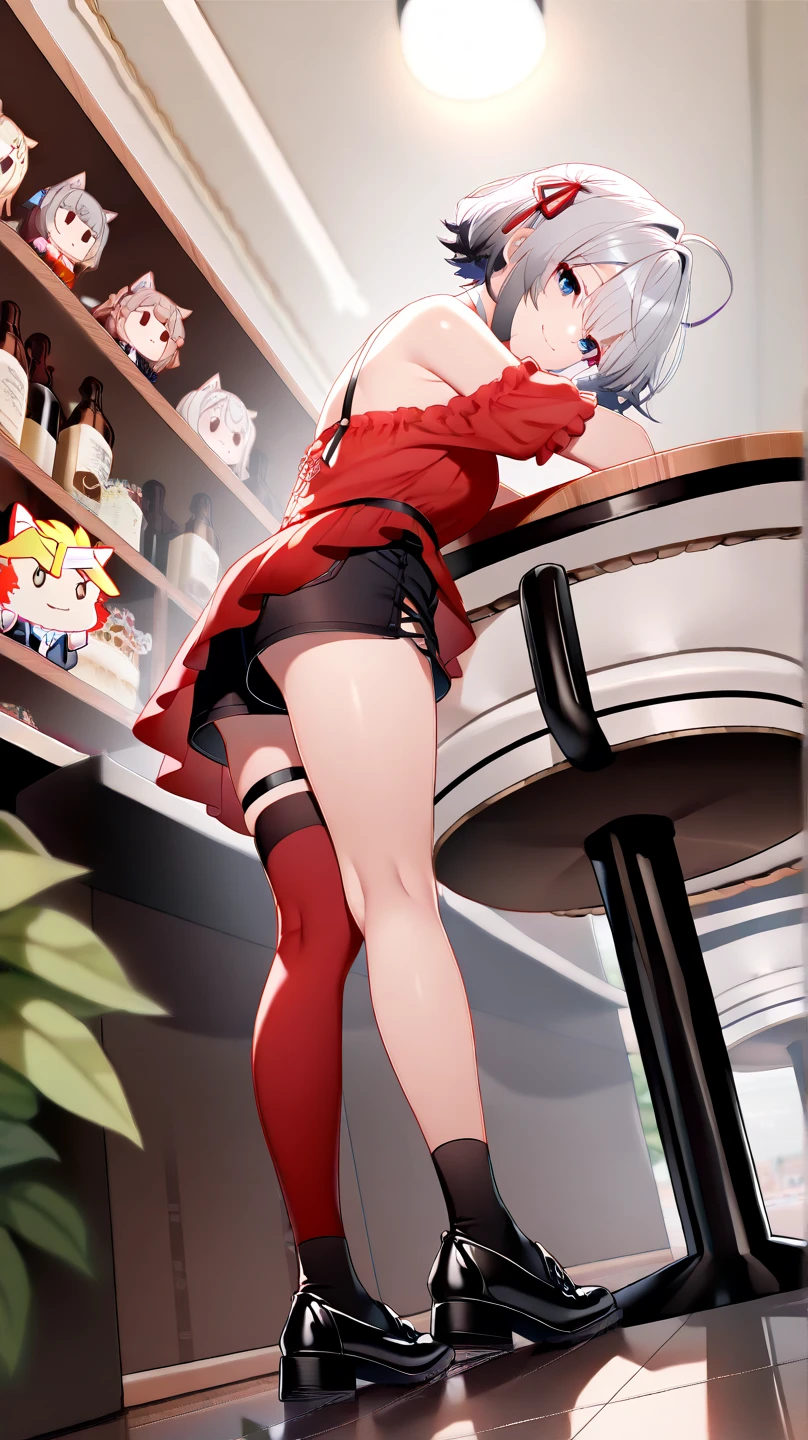 girl with short bob hair,Red eyes ,Sitting in heaven