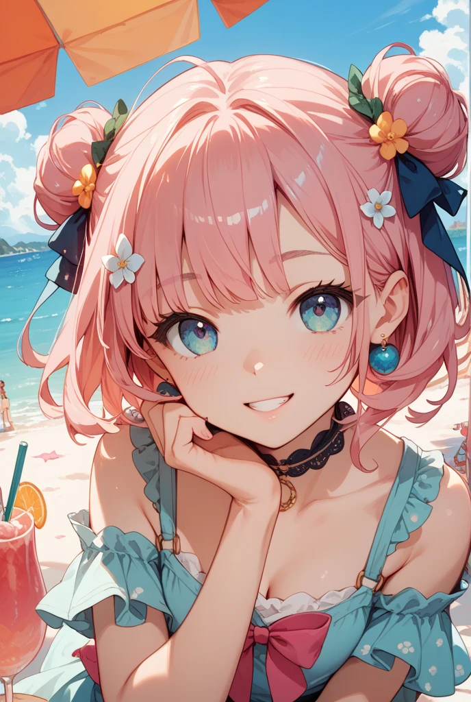 delicate、masterpiece、Highest quality、2 peopleの、2 peopleだけ、2 people、virtual、(((cute、Pink Hair、Long Hair、Twin tails，distinct eyes、haveは無し)))、(((cute、Silver Hair、Side Tail、High ponytail on the left、have)))、Flat Color、2 peopleとも正面を向いている、Sketching Sparkling Eyes(flying debris), (Highest quality), Very detailed, ((1 person)), Focus Only，dynamic，((smile))，Perfect Face, Beautiful Face, Very detailedな顔，Swimwear，Idle only，Gorgeous hair ornament,smile，Large Breasts，Sandy Beach，Underarm、
