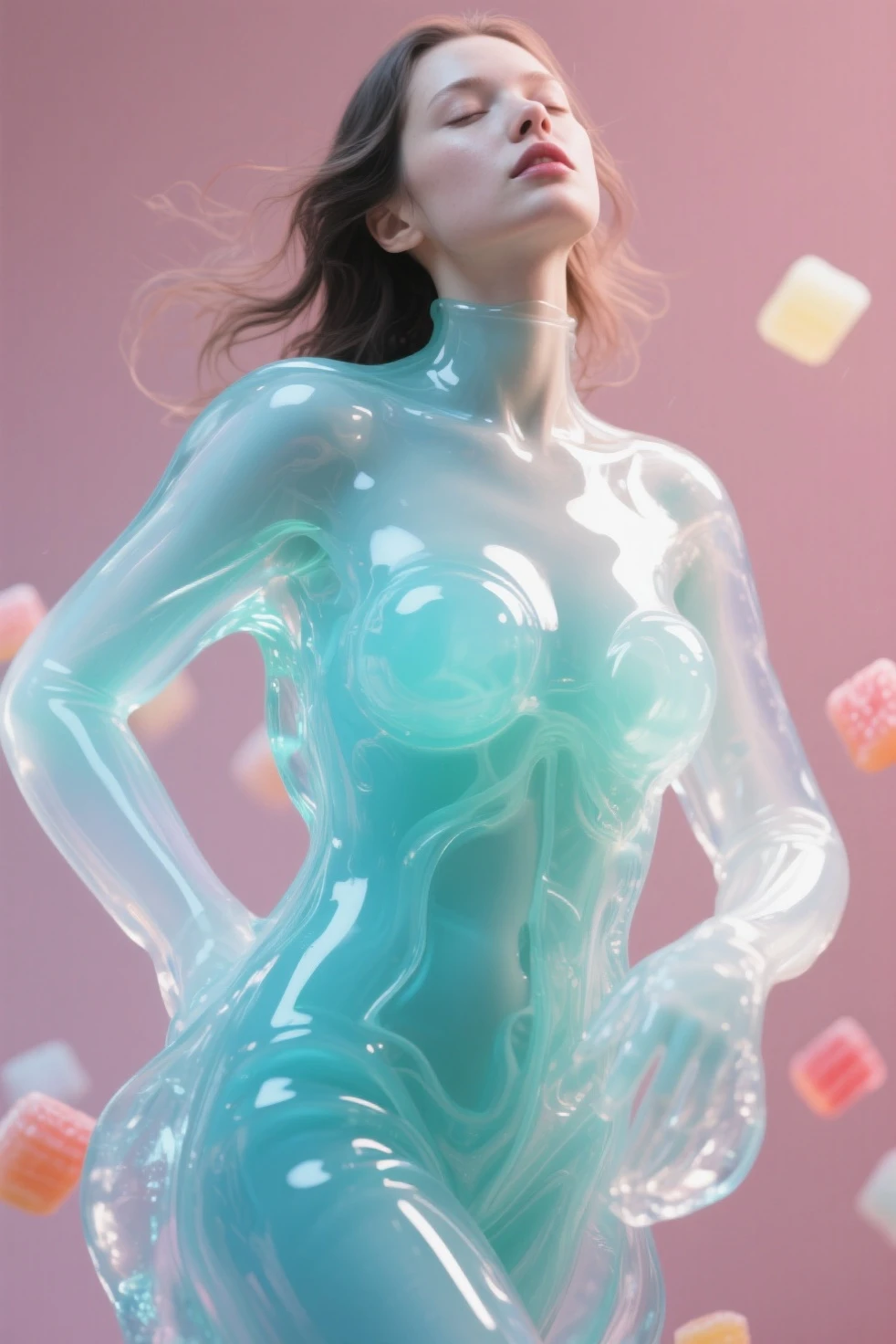 naked woman wears bdsm costume, big, she holds a whip in her hands, liquid drops, skin, closeview, closeup, minimalistic, in a light purple and pink style, with soft edges and blurred details, with a 3D render, on a colorful background, with a minimalist stage design, in a surreal style, with a cinema4D rendering, with a minimalist style, with low saturation, using gradient colors, with a cinema4D rendering, with a blender rendering, with super detail, at a super high resolution, at a super high definition
