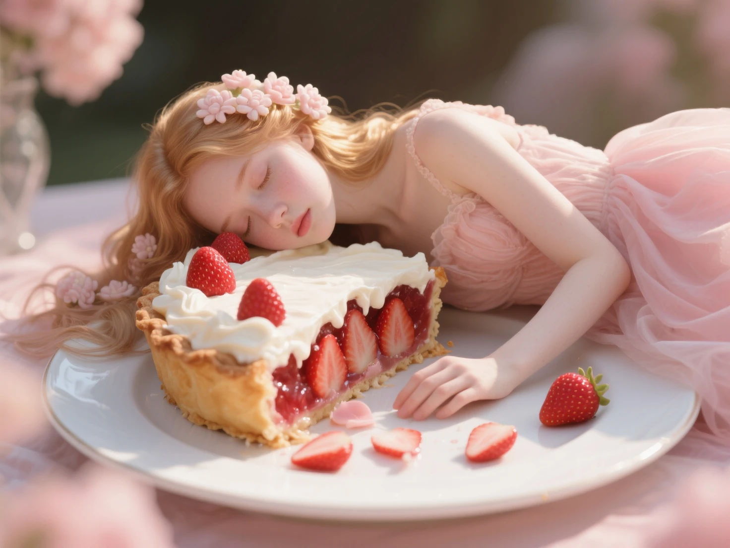 Surrealism, photorealism. Strawberry pie stands on a white porcelain platter, melting under soft sunlight. One side of the pie slowly turns — the filling seems to come to life, breaks into petals, the cream forms soft folds of fabric. This transformation forms a girl, as if the crust born from dessert. She lies on her side in a graceful pose, her skin has a delicate strawberry tint, } the dress resembles the texture of pie and cream. Hair — rose-gold, decorated with sugar flowers. Look — calm,  magical . The atmosphere is fabulous, Warm, tender. The background is blurred, like in a sweet dream.