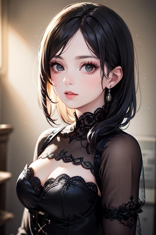 (A photo of upper body), Beautiful face, Highly detailed face and skin texture, (Detailed eyes), Brown eyes, Double eyelids, Thin eyebrows, Glitter eyeliner: 1.2, Natural cheeks, Shiny skin, Fair skin, (((with blouse))), (Shiny lips: 1. 4), (Seductive smile), (20 years old), (Wavy hair, Diagonal bangs), ((black and blue hair)),long mid hair, ((Upper body shot)), ((Focus on chest and face)), Medium large breasts, Upturned breasts.