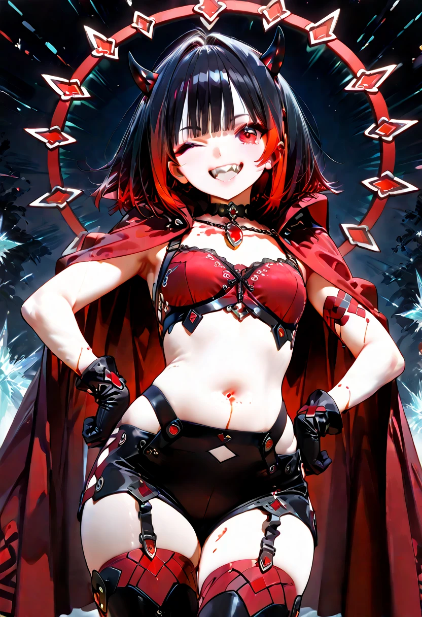 ((masterpiece, best quality, extremely detailed CG, unity 8k wallpaper,anatomically correct,ultra resolution)),Award-winning photography,(best illumination,Very Delicate and Beautiful),(one girl,solo,loli:1.5),(Vampire:1.45),black hair,(long hair),(glowing red eyes:1.25),(pale skin:1.45),(extremely beautiful and detailed face:1.2), (extremely beautiful and detailed eyes:1.2),perfect hands,delicate legs,((bat hair ornament)),(gothic style,death atmosphere),pointy ears,skinny, black chest armor and elbow armor, skirt:1.2, black inner clothes, knee pads, stockings, hooded black cloak)),looking at viewer,menacing, sharp, (grim-reaper-girl swinging a purple bright digital runes chaos curse magic-scythe),head tilt,dark persona,evil,(cute:1.5),((night, dark atmosphere, dark theme, darkness:1.5,dynamic angle)),dramatic shadows,(dimly lit:1.5),blood on face,blood on floor, blood on walls,(blood mist,blood splash:1.4),depth of field,(devil city:1.3),hell flames,gothic castle,(perfect human body structure with maximum precision)