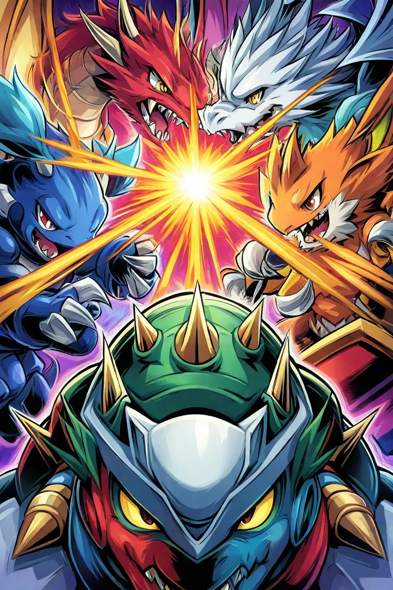 "Powerful barbarian with insect-like angelic armor, reminiscent of Digimon and Guyver, joins forces with a group of sentai heroes. The robot girl with huge breasts adds an overwhelming presence to the scene.",smile