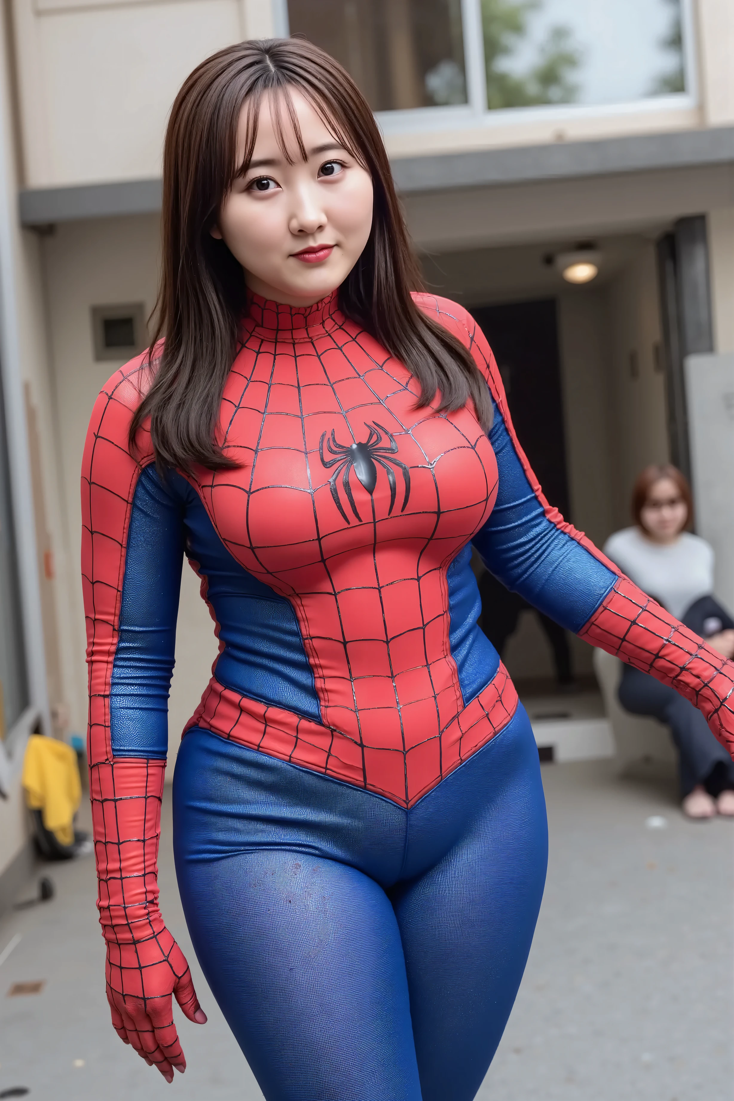 Full-figured body, Plus-size woman, Spider-Man, Peter Parker, NSFW, 1 girl, (cleavage cutout : 2.5), realistic cleavage, (She is wearing nothing but a highly detailed, realistic, skin-tight rubber Spider-Man suit with a plunging neckline. : 1.9), (Deep Cleavage : 1.9), (Plump body : 1.8), (Full-body shot from a moderate distance : 1.9), looking at the camera, sensual, Voluptuous Style,