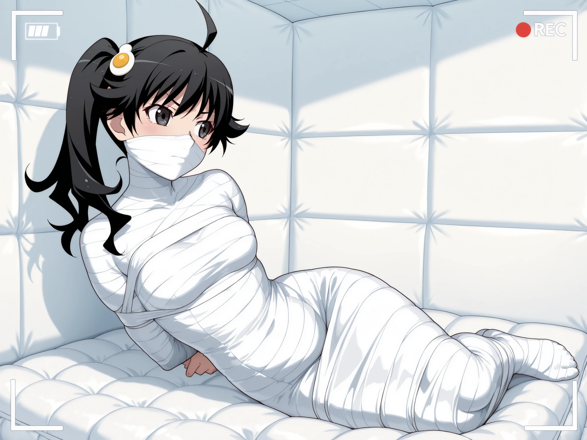 ,Monogatari Series,araragi karen,black hair,ahoge,black eyes,side ponytail,egg hair ornament,
,White bandage,All White tape,Mummification Bondage of White,White mummy,White mummification,White mummified,feet together,bondage,wrappedupgirl,Arms behind the body,Arm Mummification,
,Arms are pressed against the back,There is no space between the body and the arms,Hands behind the body,
,(masterpiece, best quality),anime style,beautiful girl,high resolution,vivid colors, extremely detailed,Ultra detail: 1.3,Vibrant colors,anime screenshot,
,Background an unadorned white Padded room,Background Small a featureless white room,
,1girl,solo,
,Whole full body,full body in frame,,face visible,,close-up,face focus,
,looking away,Look away from the camera,