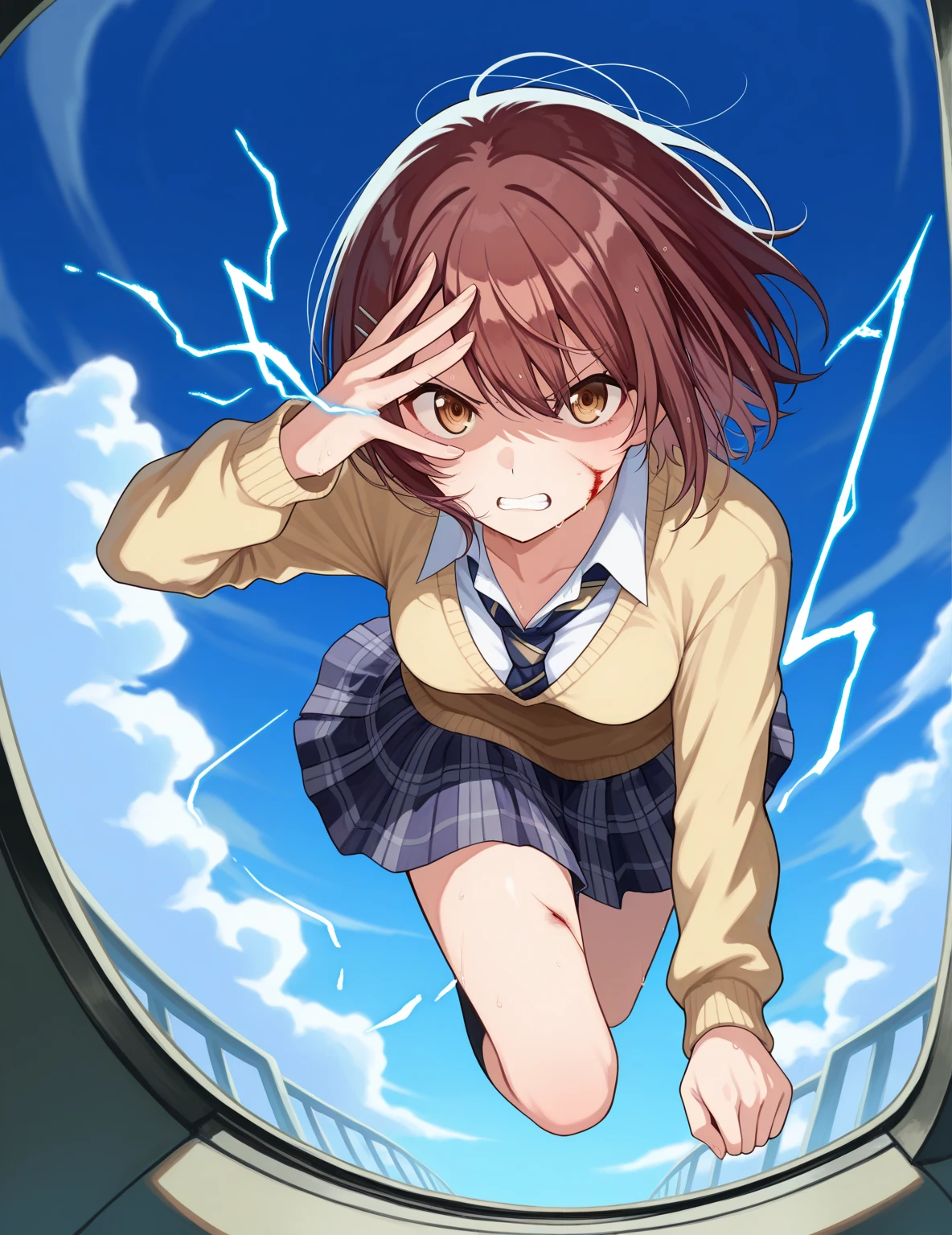 1 girl, alone, Best quality overall, masterpiece, High resolution, alone, (storm_Fleet Collection), length_hair, red_hair, One_~ ~ side_Excellent, Ahoge, Purple_eye, red面, light smile, slender girl, whole body, (((Striped underwear))), light smile, 細かくて澄んだeye, ),(elaborately designed panties),((NSFW)),lingerie, pleated skirt, skirt lift