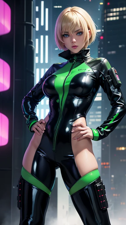Female senator from Star Wars. Coruscant background. Young, fit. Blonde longer hair. Green eyes. Wearing tight clothing. Visible stockings. High heel boots. Clothing is high class.