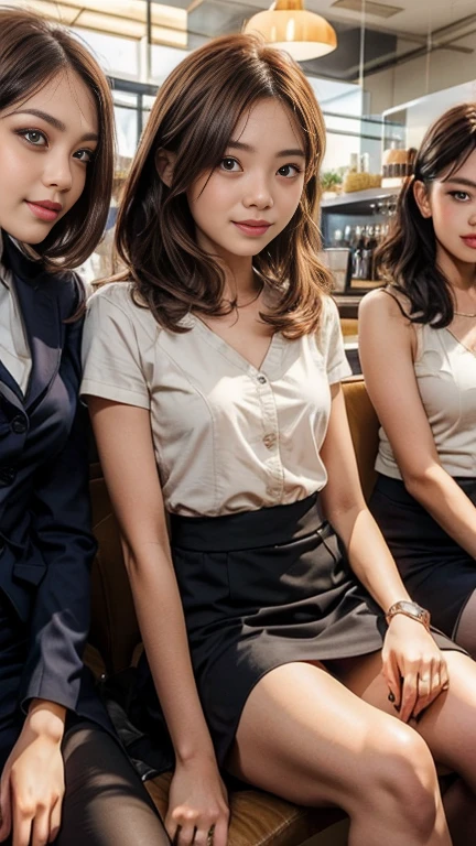 A young Japanese beautiful girl, 20-year-old, sexy girl, strikingly beautiful, black hair, big breasts, delicate facial features, porcelain skin, red lips, expressive eyes, (highest quality, masterpiece, Realistic, Very detailed, Ultra-high resolution, to be born:1.3), (Three Girls:1.５), beautiful, office workers, (Close bonds, Knee-length skirt), ({money| silver| wine-red| navy| pink| Yellow green| violet| Sky blue} Clothes), (smile), (Short black hair)、Bob Hair, necklace, (office, indoor, Glass Room), ( Black pumps：1.2）, （whole body:1.2), (D cup breasts:1.3), (crowd)、（Meaty legs：1.3）、（Standard body shape：1.4）、D cup breasts、Formal Business Jacket、Knee-length pencil skirt、white ruffle blouse、red lipstick、Pearl necklace、