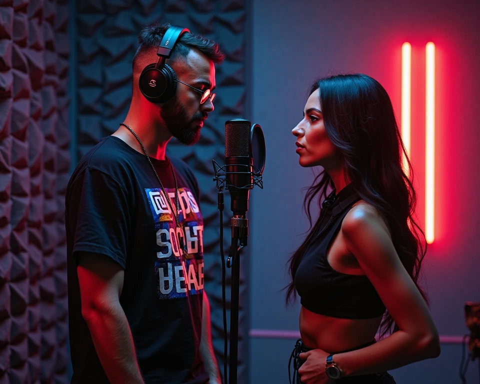 two people screaming angrily facing each other in a recording studio booth. vynil records breaking in the background
